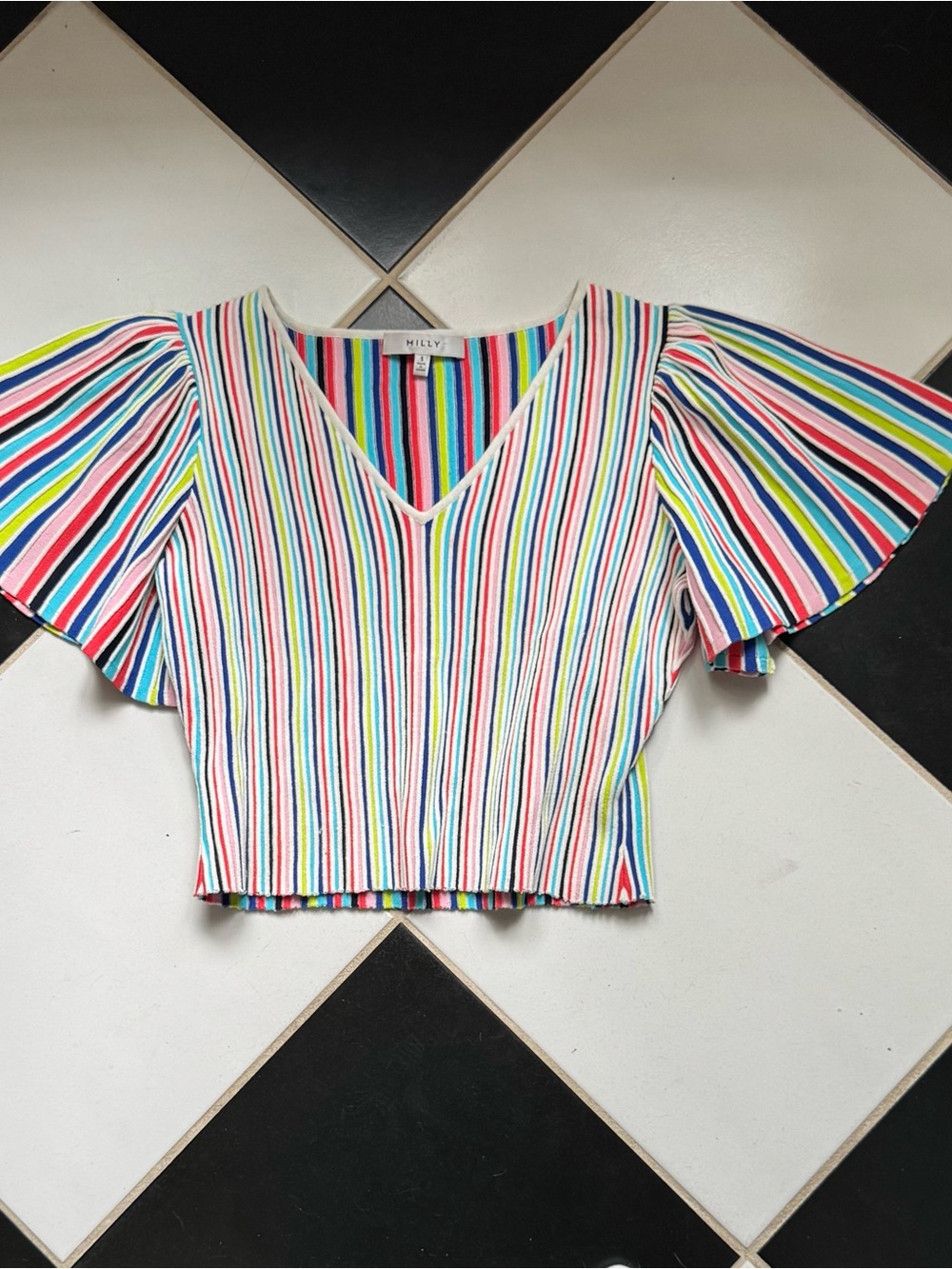 Milly Multicolor Rainbow Striped V-Neck Flutter Sleeve Crop Top